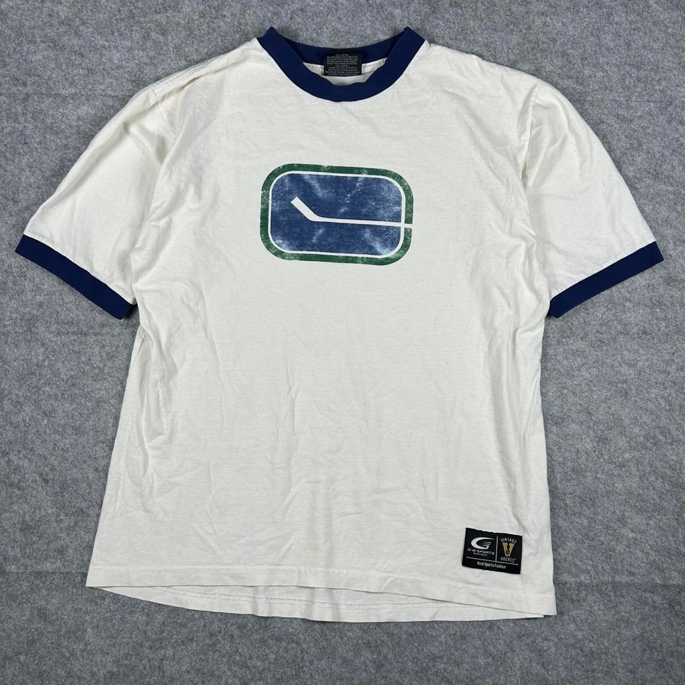 Vintage NHL 90s Vancouver Canucks Y2K Faded Ringer T-Shirt (Size Large)